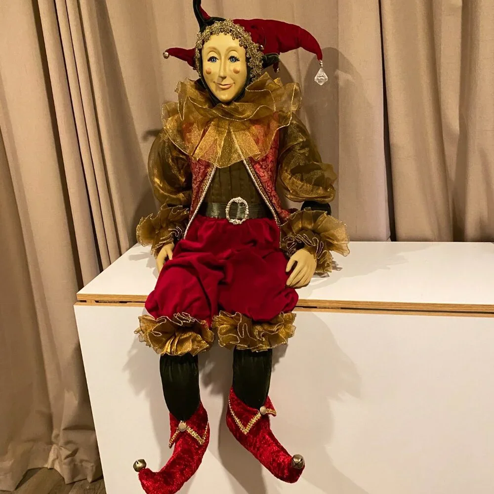 Vintage Life-Size‎ Christmas Elf Jester – 4ft Velvet Decor with Bells